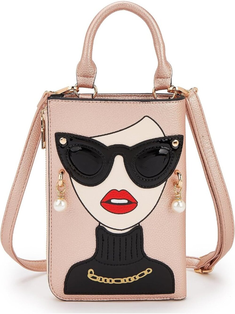 Women Rose Gold1 Novelty Lady Face PU Leather Shoulder Bag Handle Satchel Clutch
